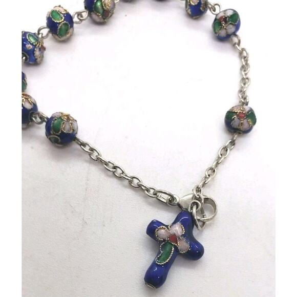 Cloisonne Flower Bead Bracelet With Rosary Cross Charm On Silver Chain - Picture 3 of 10